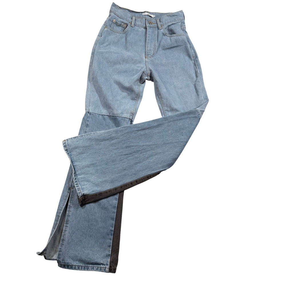 Adika High Rise‎ Flare Leg Jeans Slit Hem Patchwork Denim Small Streetwear 26x30